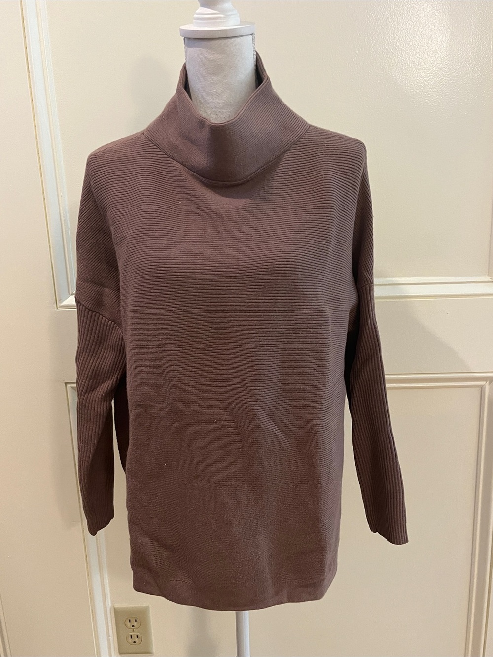 Cozy Ribbed Cowl-Neck Sweater in Taupe
